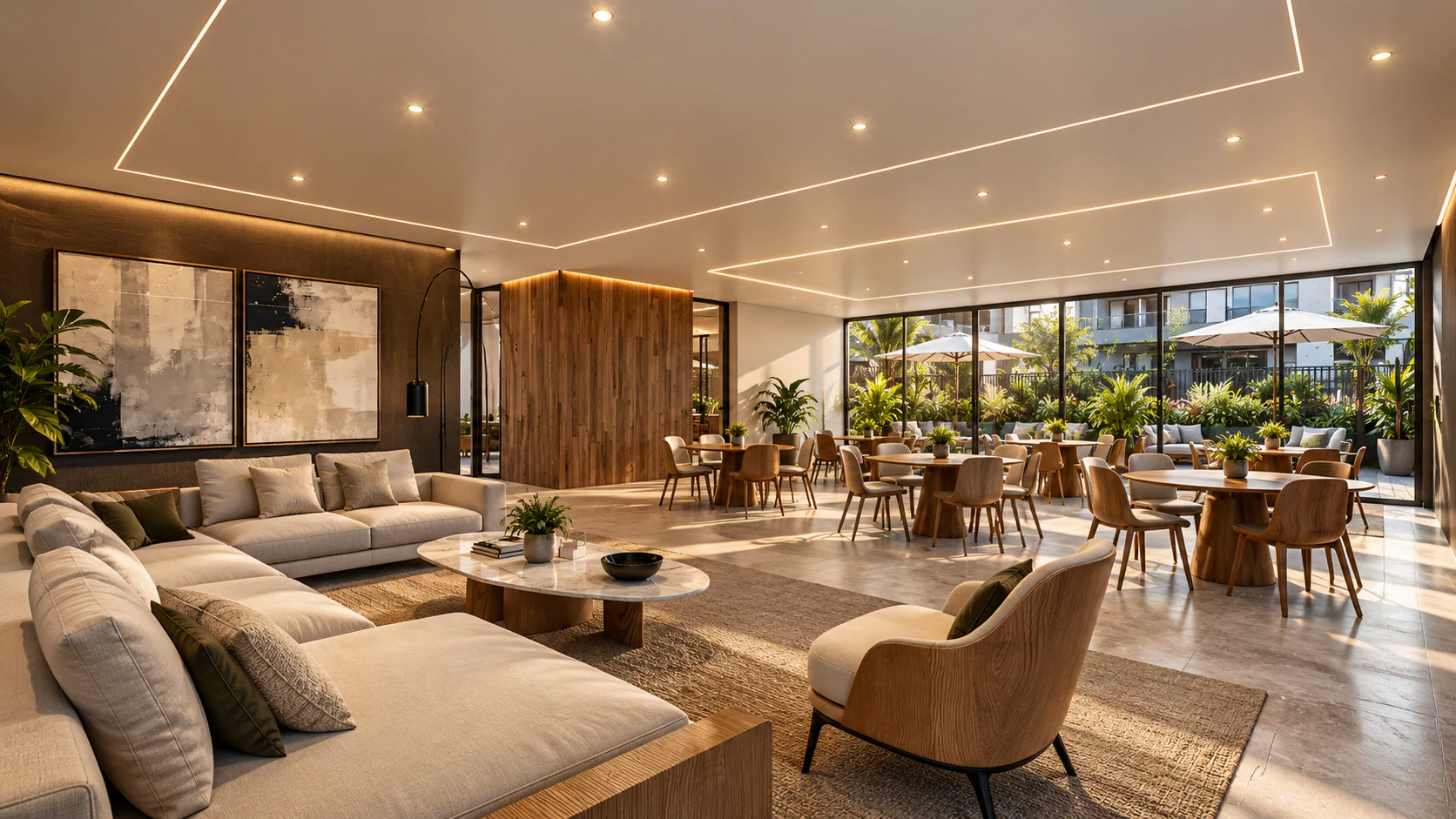 Salón moderno con terraza luminosa