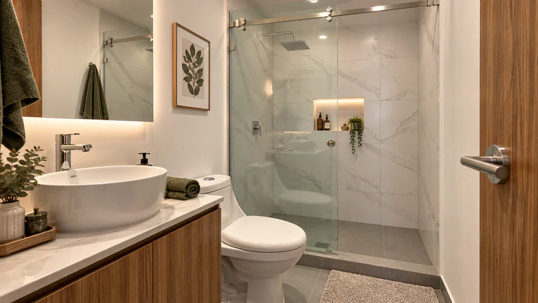 Baño moderno con ducha de mármol y madera