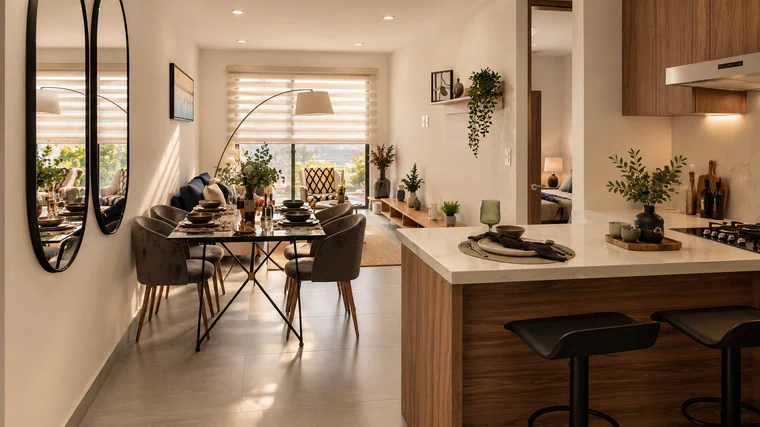 Interior escandinavo con cocina y comedor